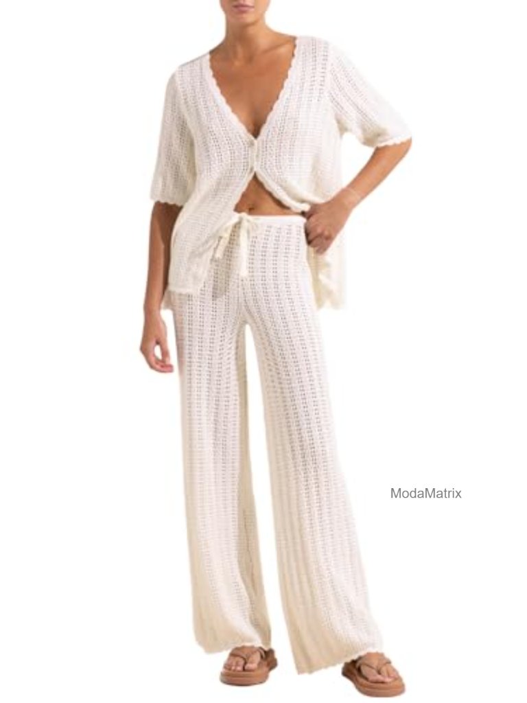 Crochet Knit 2-Piece Swimsuit Cover Up Cardigan And Pants Set Beach Outfit